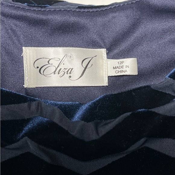 Eliza J | NWT Navy Velvet 3/4 Sleeve Zigzag Shift Dress Sz 12 P - Picture 10 of 12